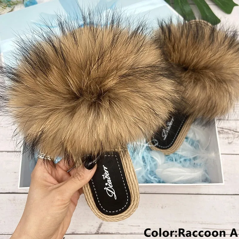 Women's Fluffy Natural Raccoon Fur Flat Flip Flop Straw House Slippers