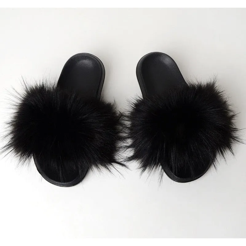 Women's Summer Black Raccoon Synthetic Fur Fluffy Flat Indoor Slippers