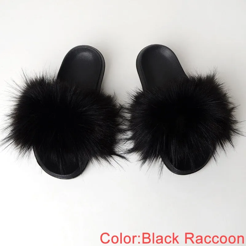 Women's Summer Black Raccoon Synthetic Fur Fluffy Flat Indoor Slippers