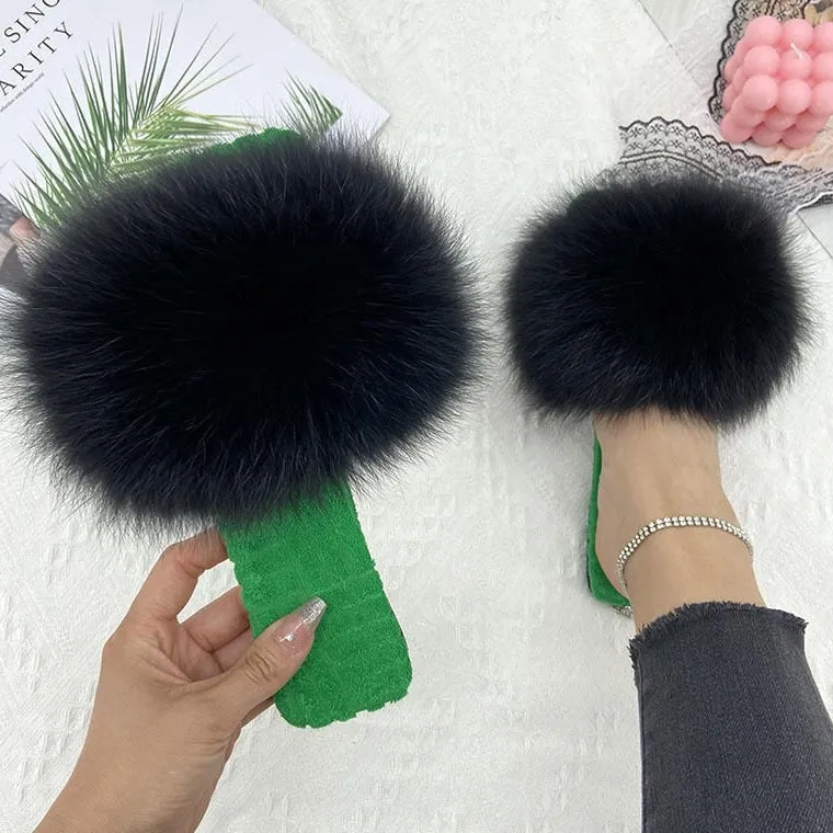 Women's Summer Black Real Fur Slides Cotton Fluffy Flat House Slippers