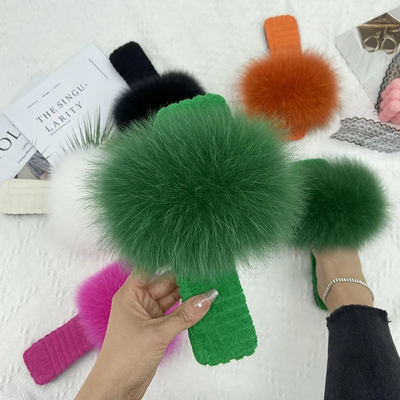 Women's Summer Black Real Fur Slides Cotton Fluffy Flat House Slippers