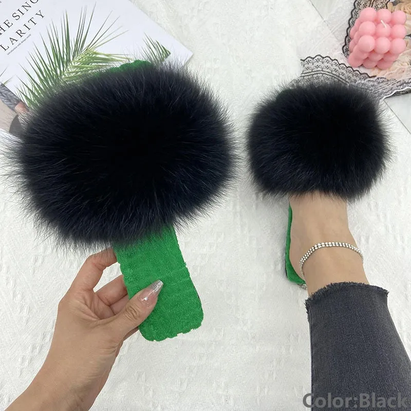 Women's Summer Black Real Fur Slides Cotton Fluffy Flat House Slippers