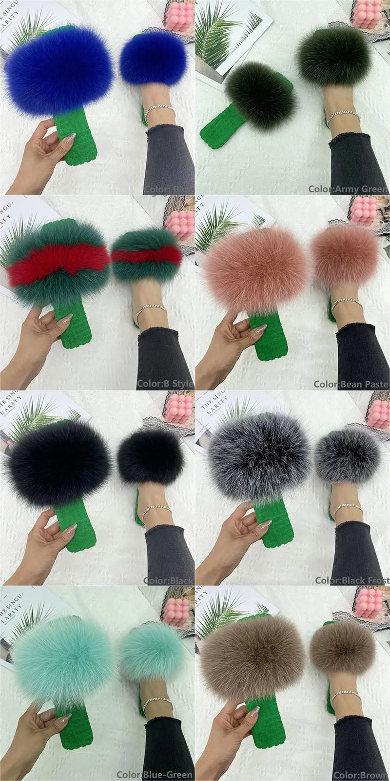 Women's Summer Black Real Fur Slides Cotton Fluffy Flat House Slippers