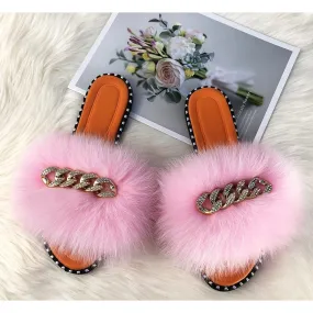 Women's Summer Luxury Light Pink Fluffy Fur Flip-Flop House Slippers