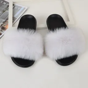 Women's Summer White Raccoon Patchwork Fur House Slippers