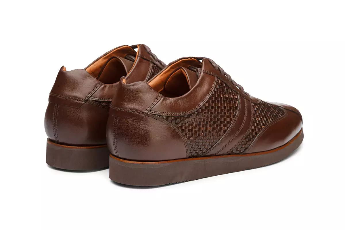 Woven Mat & Plain leather combo Casual Sneaker-DK BR