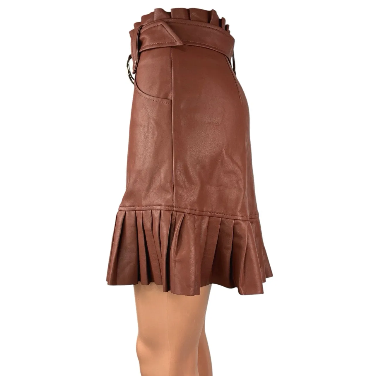 Zara Brown Faux Vegan Leather Belted Pleated Straight A-Line Mini Skirt Size XS